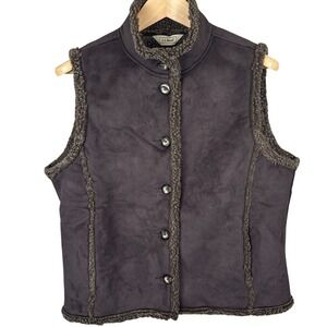 LL Bean Women's XL Brown Faux Suede Sherpa Shearling Lined Button Vest